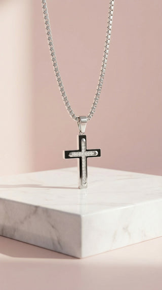 Silver Inlaid Crystal Cross Stainless Steel Necklace