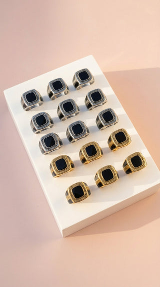 Stainless Steel Men's Greek Key Black Stone Signet Ring