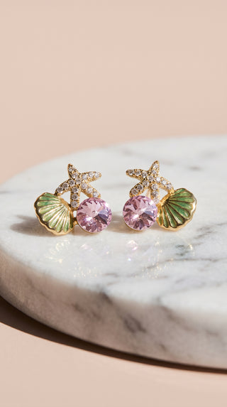 Starfish & Seashell Gold Plated Pink Crystal Stud Earrings