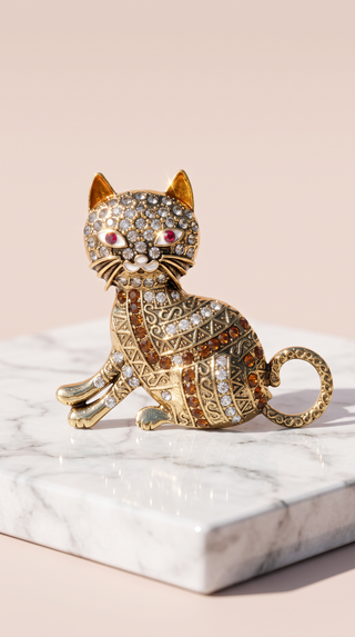 Cat Sitting Crystal Brooch Pin