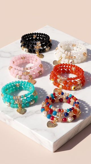 Gold Heart Charm Beaded Bracelet Stacking Set