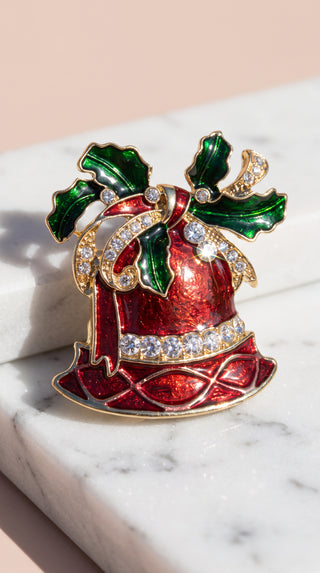 Holly Bells Christmas Festive Brooch Pin