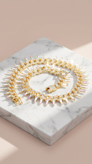 Gold Plated Crystal Spiked Curb Chain Necklace