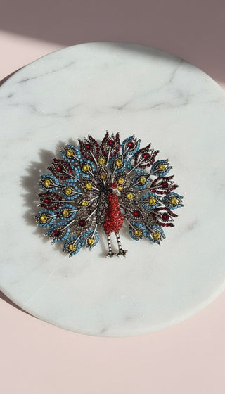 Crystal Silver Peacock Statement Brooch Rhinestone Pin