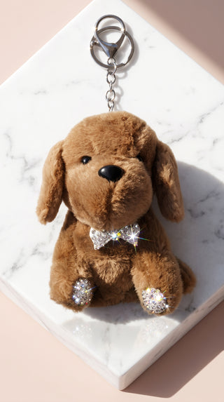 Plush Puppy Crystal Bow Bag Charm Keychain