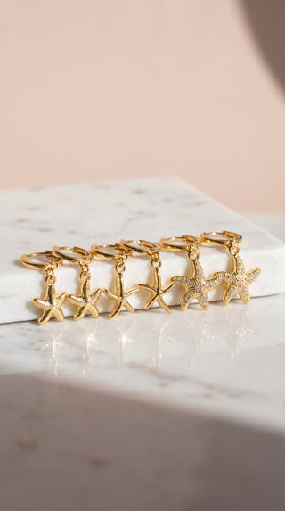 6 Pieces Crystal Starfish Gold Plated Huggie Hoop Drop & Dangle Earrings