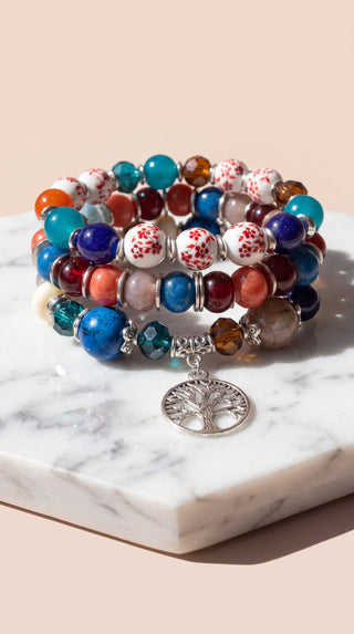 Silver Tree Of Life Beaded Bracelet Stacking Set