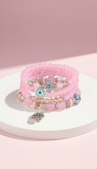 Evil Eye & Hamsa Silver Charm Ceramic Beaded Bracelet Set