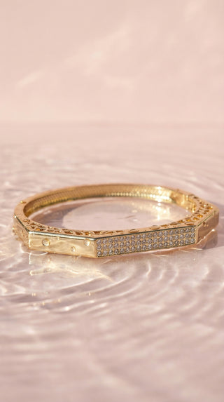 Faceted Crystal Inlaid Stainless Steel Gold Plated Hinged Bangle