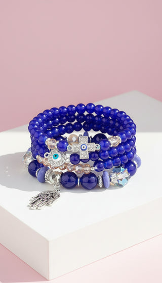 Evil Eye & Hamsa Silver Charm Ceramic Beaded Bracelet Set