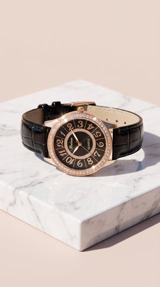 Crystal Bezel Croc Pattern Strap Watch