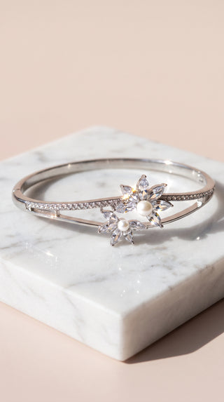 Flower & Pearl Gold Plated Crystal Bangle