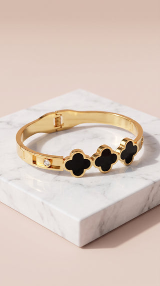Clover Black Enamel Gold Plated Stainless Steel Bangle