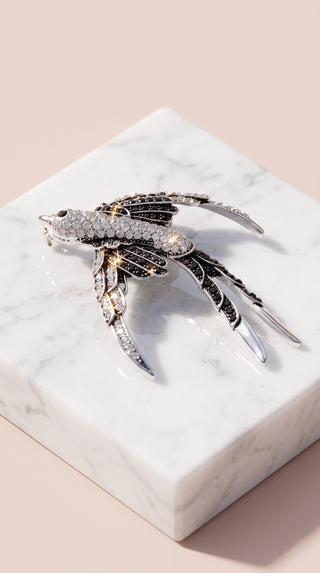 Monochrome Swallow Crystal Brooch Pin