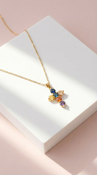 Chunky Rainbow Crystal Cross Stainless Steel Necklace