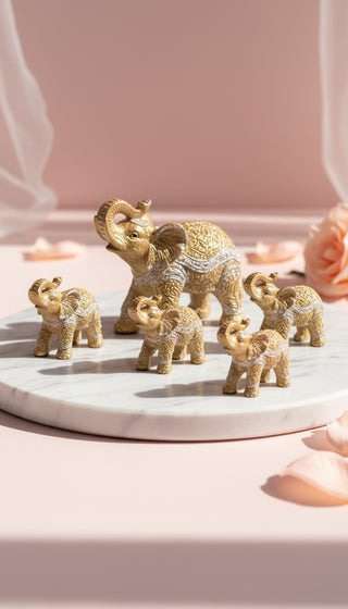 Set Of 7 Gold Elephant Family Figurines
