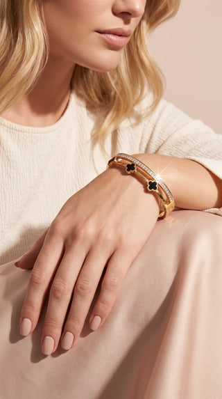 Clover Stainless Steel Gold Plated Crystal Bangle