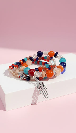 Evil Eye & Hamsa Silver Charm Ceramic Beaded Bracelet Set