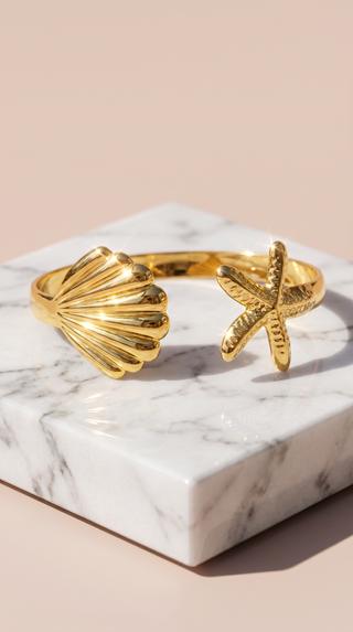 Starfish & Seashell Freesize Gold Cuff Bangle