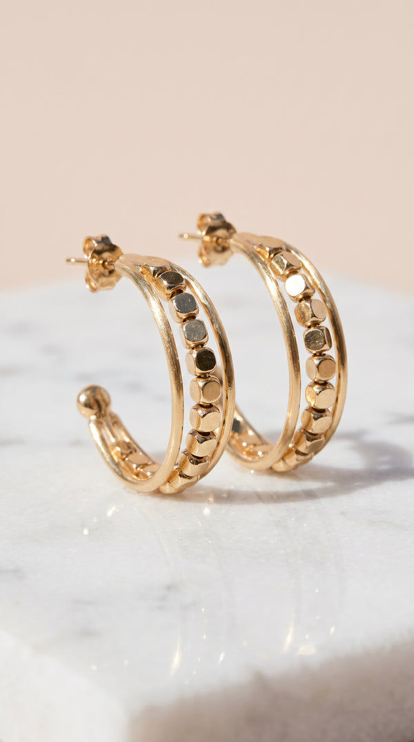 Metallic Beaded Cube Huggie Hoop Earrings
