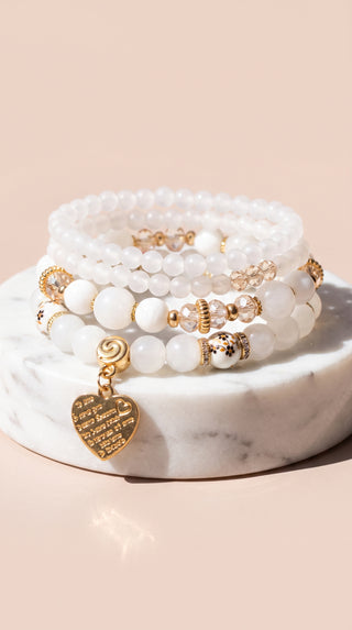Gold Heart Charm Beaded Bracelet Stacking Set