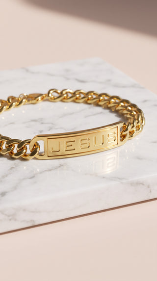 Engraved "JESUS" Plaque Curb Chain ID Bracelet