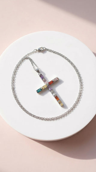 Rainbow Baguette Cut Crystal Cross Stainless Steel Necklace