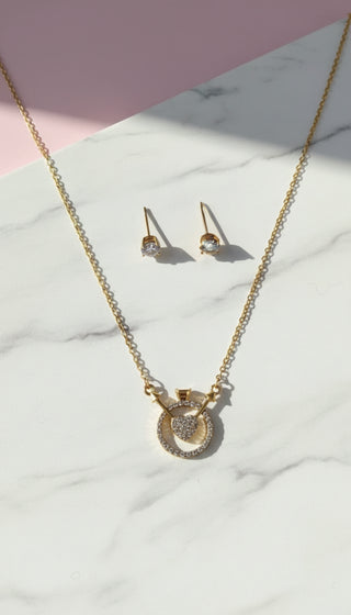Crystal Heart & Arrow Ring Pendant Necklace & Earring Set