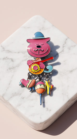 Enamel Mexican Cat & Banjo Brooch Pin