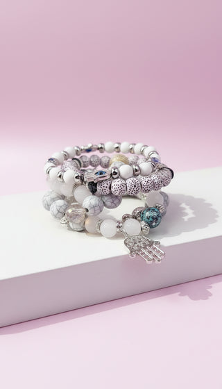 Silver Hamsa Charm Ceramic Beaded Bracelet Set