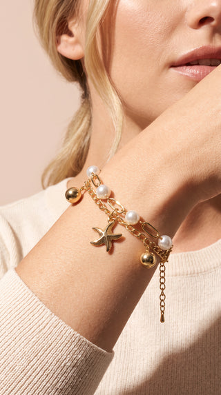 Gold Plated Pearl & Starfish Charm Bracelet