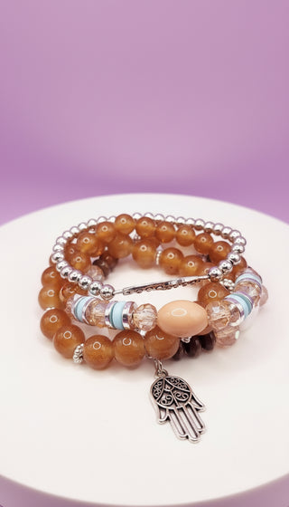 Bow & Hamsa Silver Charm Ceramic Beaded Bracelet Set