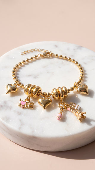 Parisian Love & Heart Charm Gold Plated Bracelet