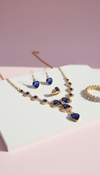 Blue Heart Crystal Necklace, Bracelet, Earrings & Ring Set With Gift Box