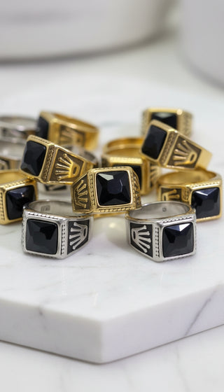 Men’s Stainless Steel Crown Ring with Black Stone