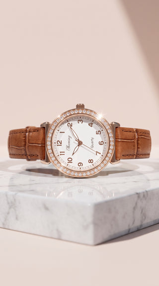 Crystal Bezel Leather Strap Watch