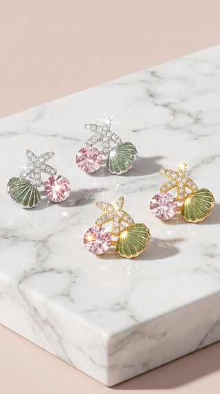 Starfish & Seashell Gold Plated Pink Crystal Stud Earrings