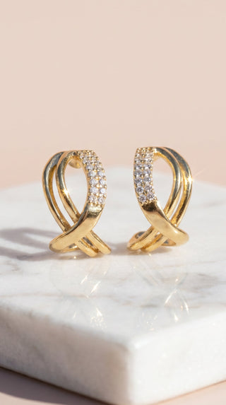 Criss Cross Crystal Huggie Gold Plated Earrings