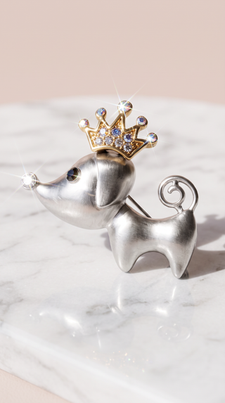 Sausage Dog With Crown Crystal Brooch Pin