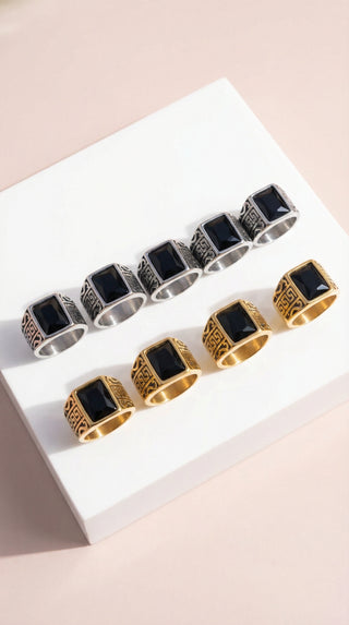 Stainless Steel Men's Square Black Stone Signet Ring