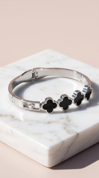 Clover Black Enamel Gold Plated Stainless Steel Bangle