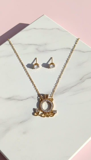 Crystal Love Word Pendant Necklace & Earring Set