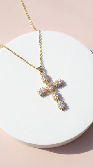 Oval Crystal Gold Cross Symbolic Stainless Steel Necklace