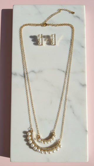 Curved Crystal Pearl Pendant Necklace & Earring Set