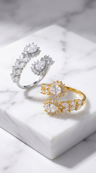Box Of 12 Crystal Free Size Gold Plated Adjustable Statement Rings