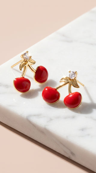 Red Cherry Crystal Gold Plated Stud Earrings