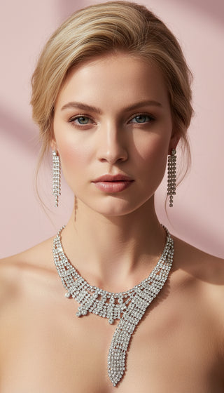 Asymmetric Crystal Statement Necklace & Earrings Set