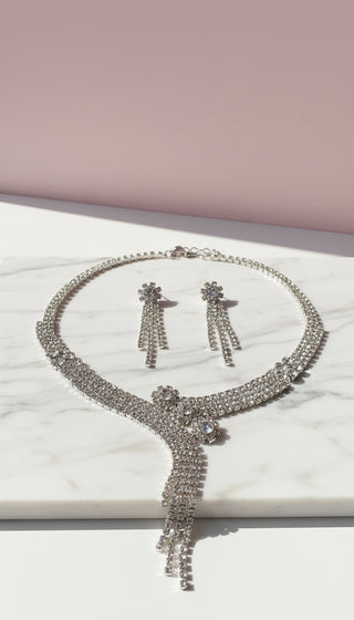 Curved Tassel Statement Crystal Necklace & Earrings Set