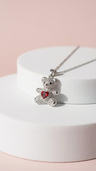Teddy Bear & Heart Crystal Pendant Necklace