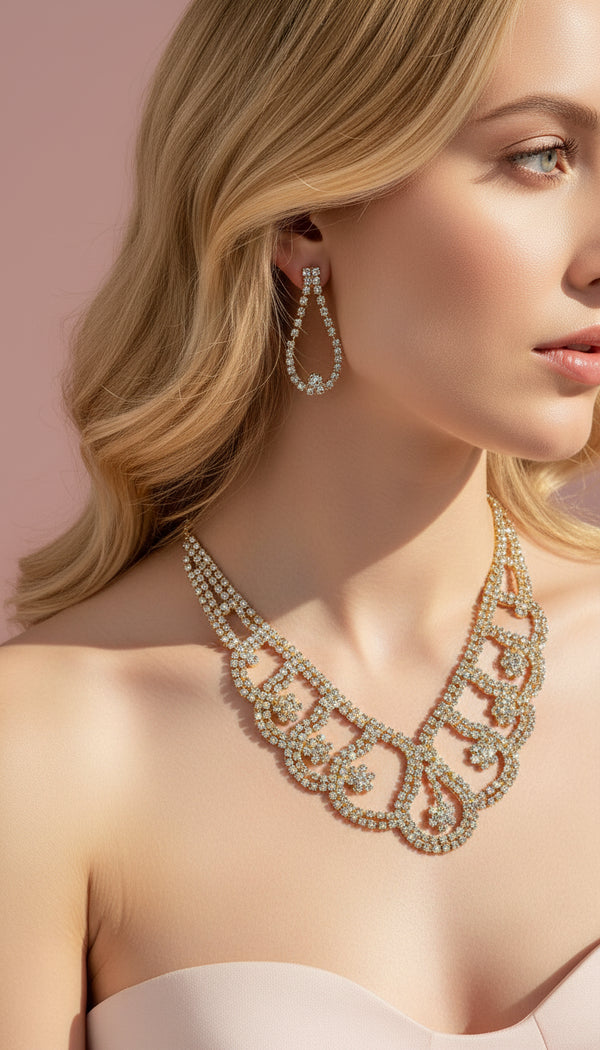 Crystal Flower Layered Statement Necklace & Earrings Set